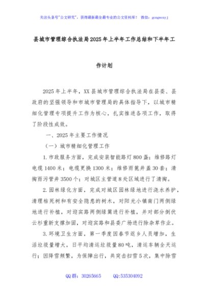 县城市管理综合执法局2025年上半年工作总结和下半年工作计划