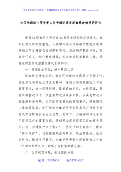 社区党组织主要负责人关于组织落实巡察整改情况的报告