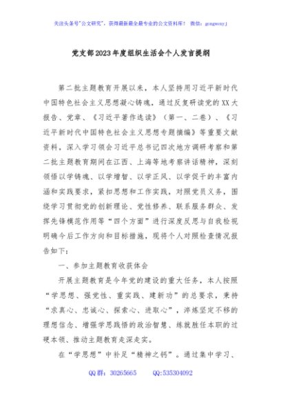 党支部2023年度组织生活会个人发言提纲