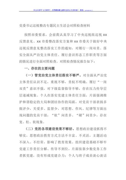 党委书记巡视整改专题民主生活会对照检查材料
