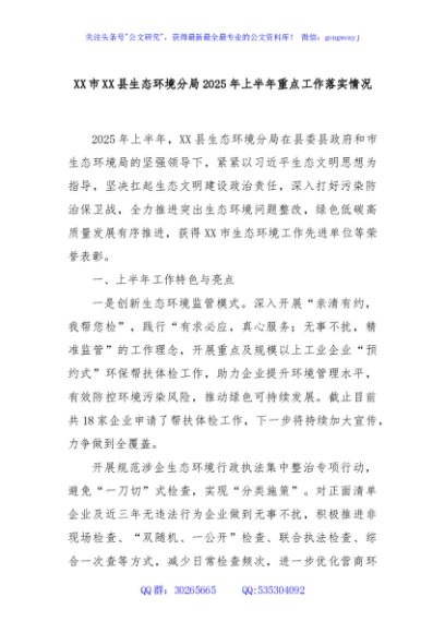 XX市XX县生态环境分局2025年上半年重点工作落实情况