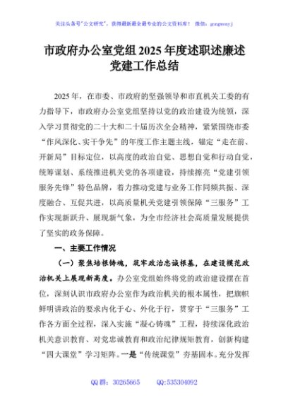 市政府办公室党组2025年度述职述廉述党建工作总结