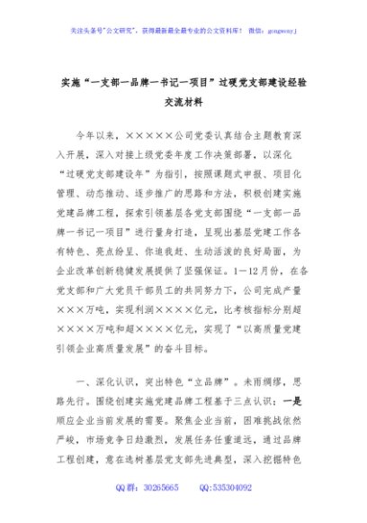 实施“一支部一品牌一书记一项目”过硬党支部建设经验交流材料