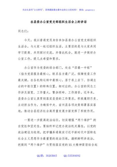 在县委办公室党支部组织生活会上的讲话