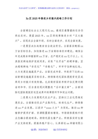 Xx区2025年推进乡村振兴战略工作计划