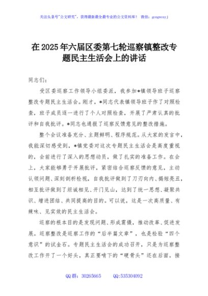 在2025年六届区委第七轮巡察镇整改专题民主生活会上的讲话