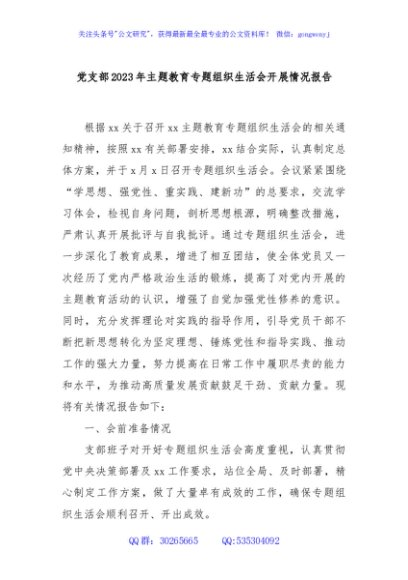 党支部2023年主题教育专题组织生活会开展情况报告.
