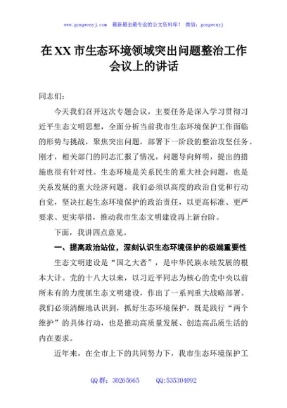 在XX市生态环境领域突出问题整治工作会议上的讲话