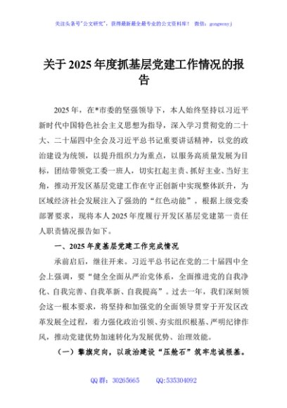 关于2025年度抓基层党建工作情况的报告