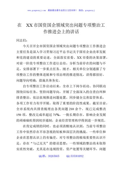 在XX市国资国企领域突出问题专项整治工作推进会上的讲话