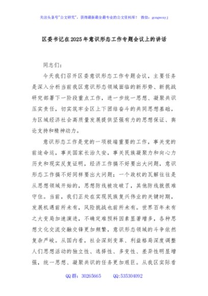 区委书记在2025年意识形态工作专题会议上的讲话