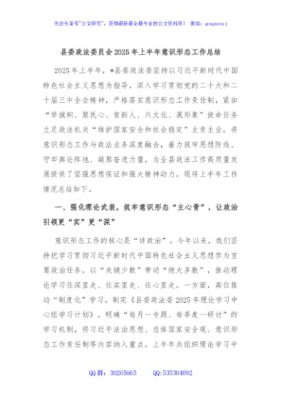 县委政法委员会2025年上半年意识形态工作总结