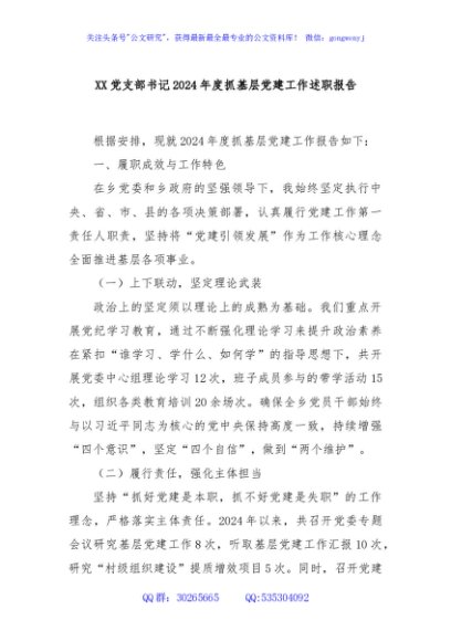 XX党支部书记2024年度抓基层党建工作述职报告