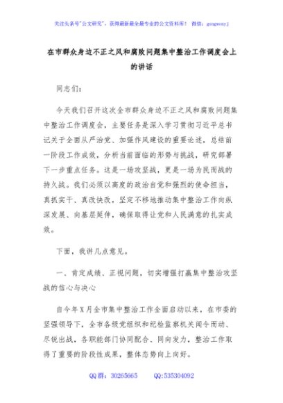 在市群众身边不正之风和腐败问题集中整治工作调度会上的讲话