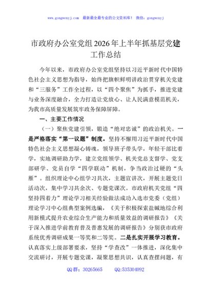 市政府办公室党组2026年上半年抓基层党建工作总结