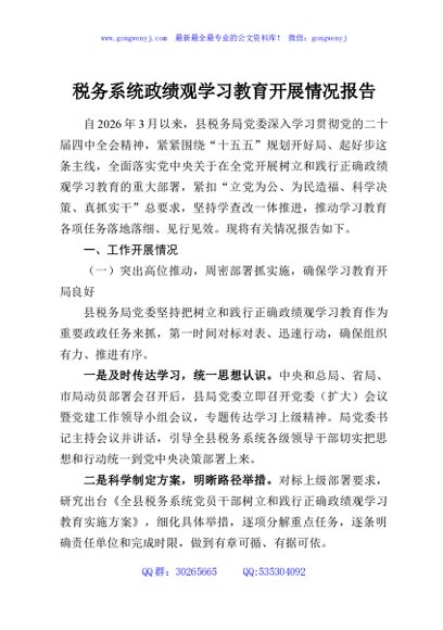 税务系统政绩观学习教育开展情况报告