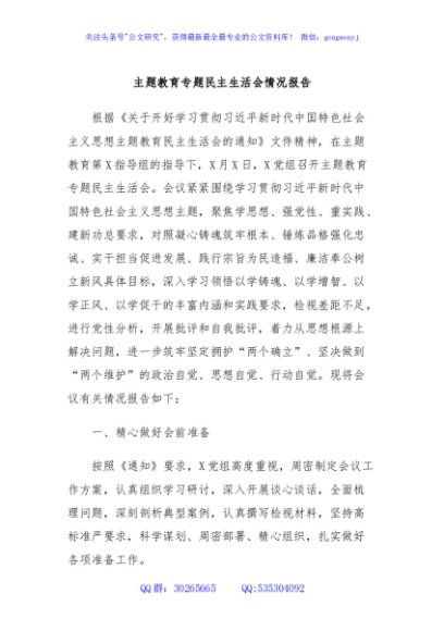 主题教育专题民主生活会情况报告