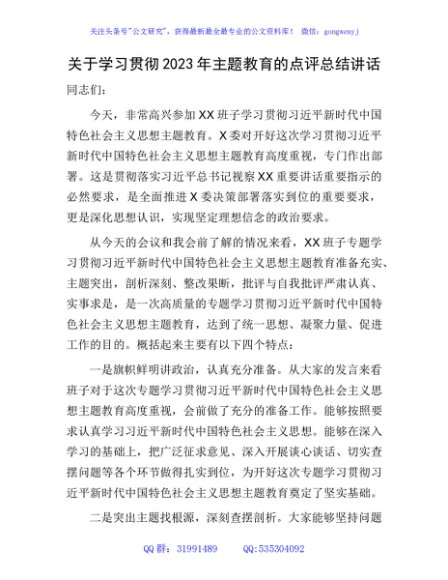 学习贯彻2023年主题教育的点评总结讲话