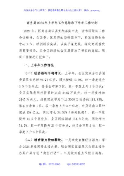 商务局2024年上半年工作总结和下半年工作计划