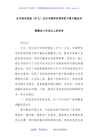 在市政府党组（扩大）会议专题研究领导班子集中整治问题整改工作会议上的讲话