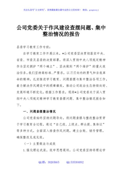 公司党委关于作风建设查摆问题、集中整治情况的报告