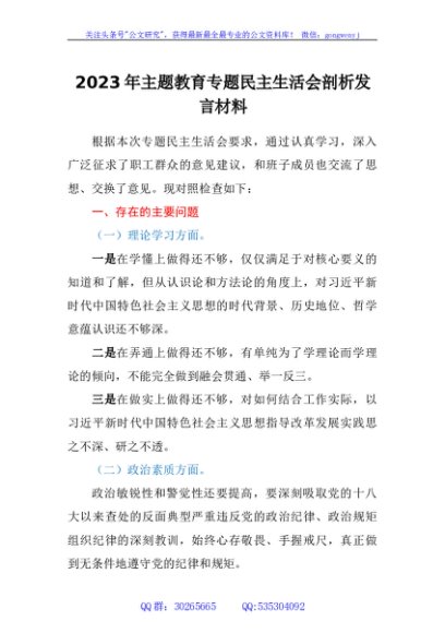2023年主题教育专题民主生活会剖析发言材料（个人）