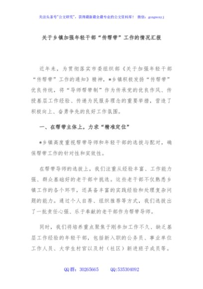 关于乡镇加强年轻干部“传帮带”工作的情况汇报