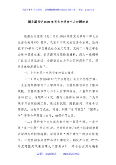 国企副书记2024年民主生活会个人对照检查
