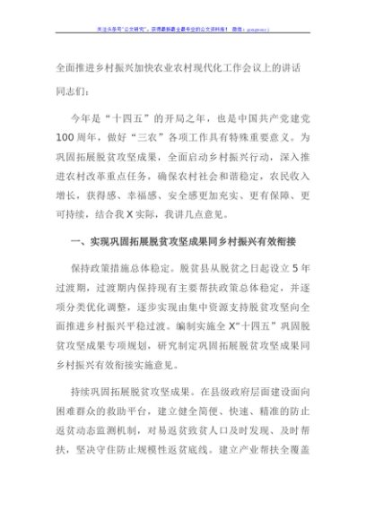 全面推进乡村振兴加快农业农村现代化工作会议上的讲话