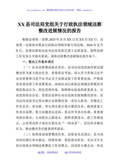 XX县司法局党组关于行政执法领域巡察整改进展情况的报告