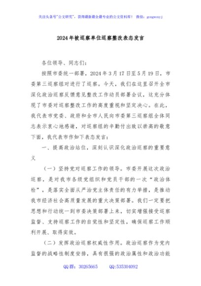 2024年被巡察单位巡察整改表态发言
