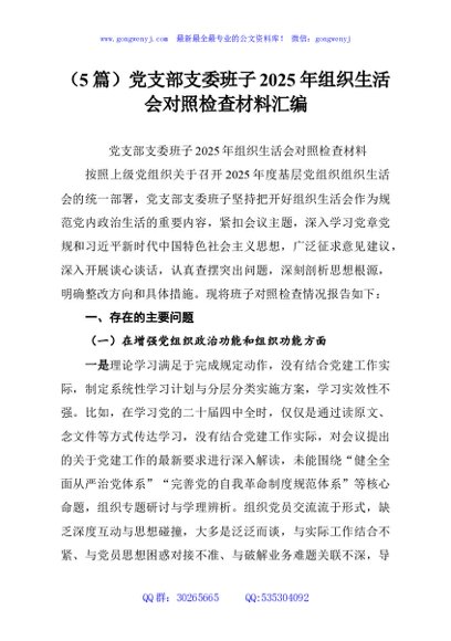 （5篇）党支部支委班子2025年组织生活会对照检查材料汇编