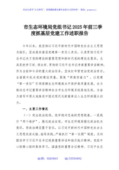 市生态环境局党组书记2025年前三季度抓基层党建工作述职报告
