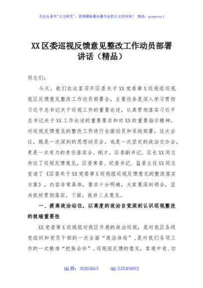 XX区委巡视反馈意见整改工作动员部署讲话（精品）