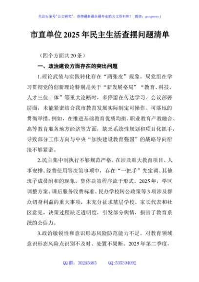 市直单位2025年民主生活查摆问题清单