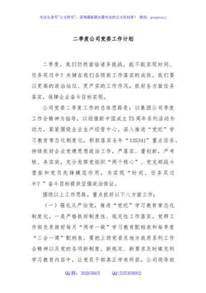 二季度公司党委工作计划