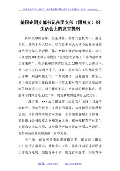 某国企团支部书记在团支部（团总支）织生活会上的发言提纲
