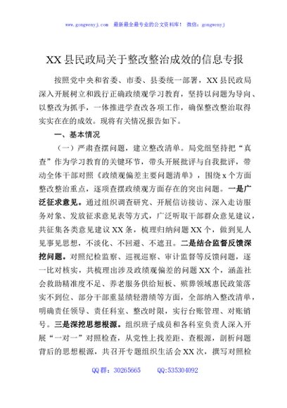 XX县民政局关于整改整治成效的信息专报