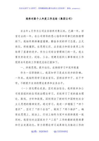 培养对象个人年度工作总结（集团公司）