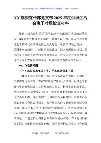 XX旗委宣传部党支部2025年度组织生活会班子对照检查材料