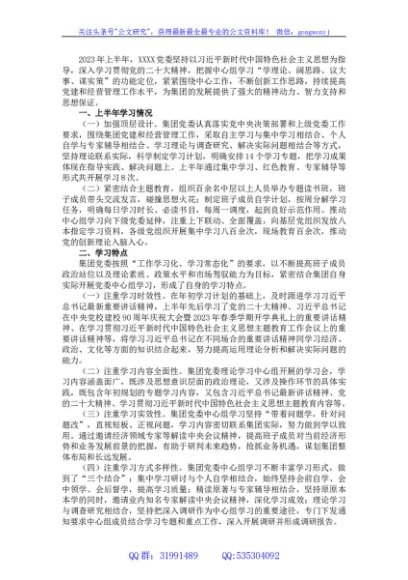 某集团党委理论学习中心组2023年上半年学习情况总结