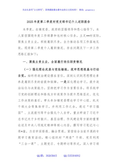 2025年度第二季度村党支部书记个人述职报告