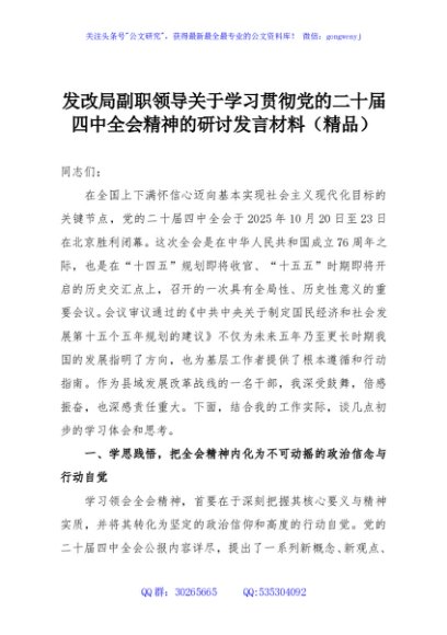 发改局副职领导关于学习贯彻党的二十届四中全会精神的研讨发言材料（精品）