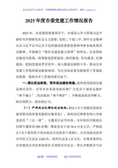 2025年度市委党建工作情况报告