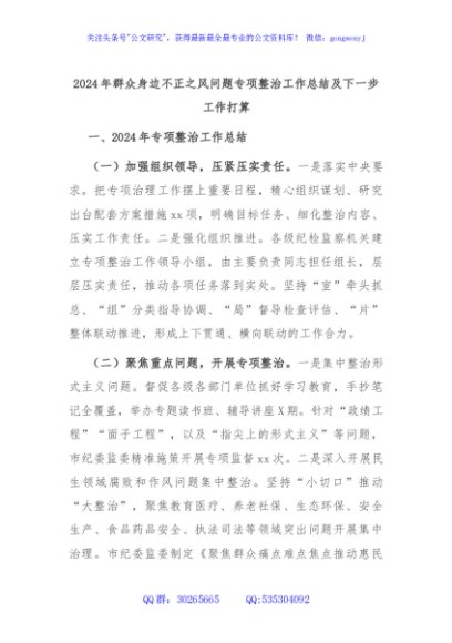 2024年群众身边不正之风问题专项整治工作总结及下一步工作打算
