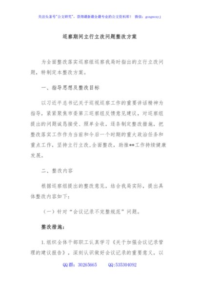 巡察期间立行立改问题整改方案