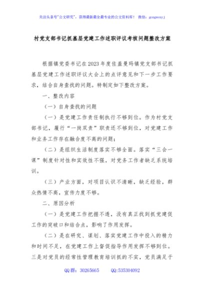 村党支部书记抓基层党建工作述职评议考核问题整改方案
