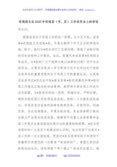 巡视组长在2025年巡视县（市、区）工作动员会上的讲话