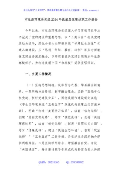 市生态环境局党组2024年抓基层党建述职工作报告