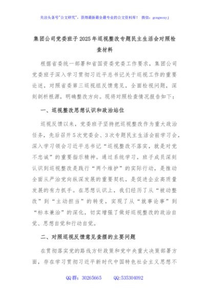 集团公司党委班子2025年巡视整改专题民主生活会对照检查材料
